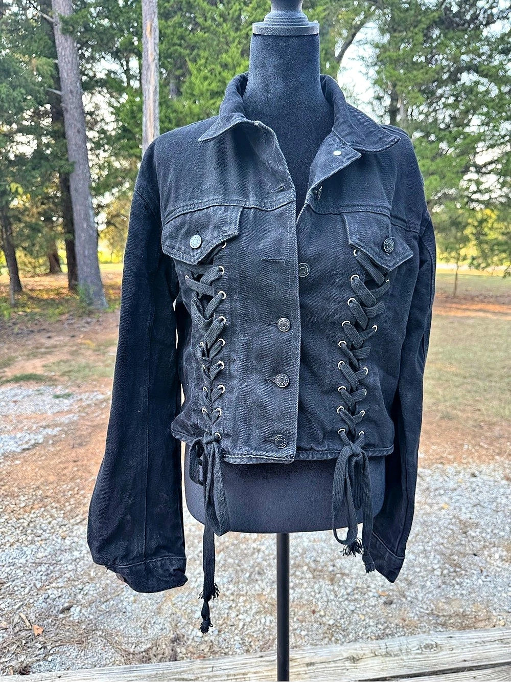 Azalea Wang Black Lace-Up Denim Jacket Size Small
